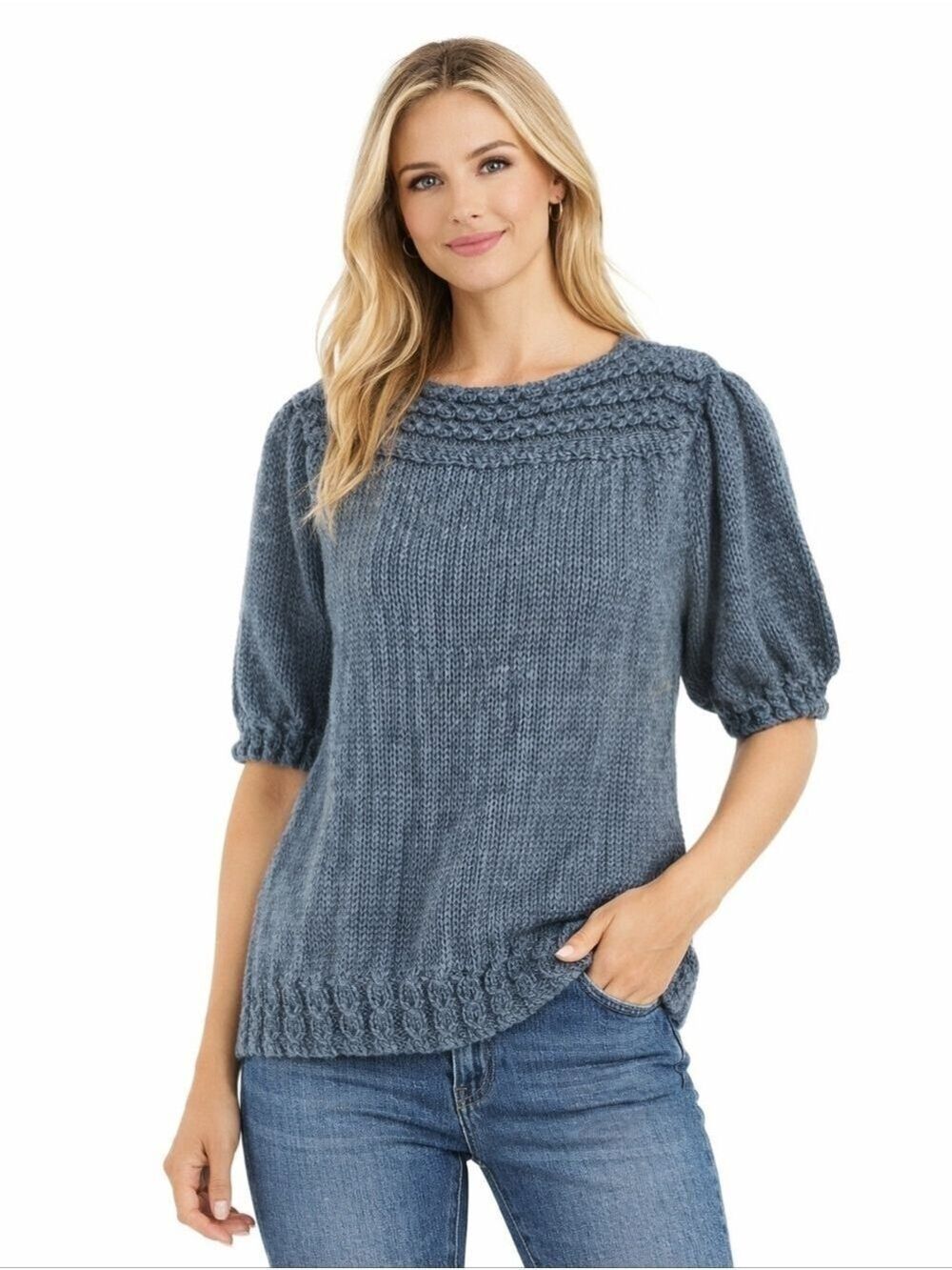 HANDKNIT Blue Chunky Short Sleeve Sweater Size Medium